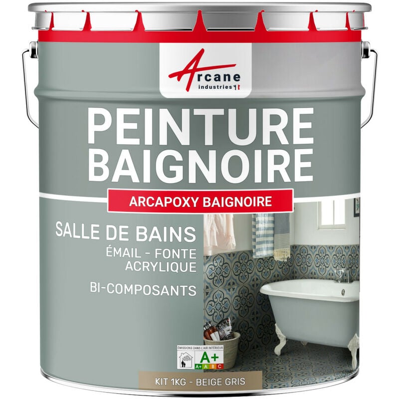 Arcane Industries - Peinture baignoire et lavabo - Résine de rénovation pour émail, acrylique et fonte 1 kg (jusqu'à 3 m² en 2 couches) Beige Gris