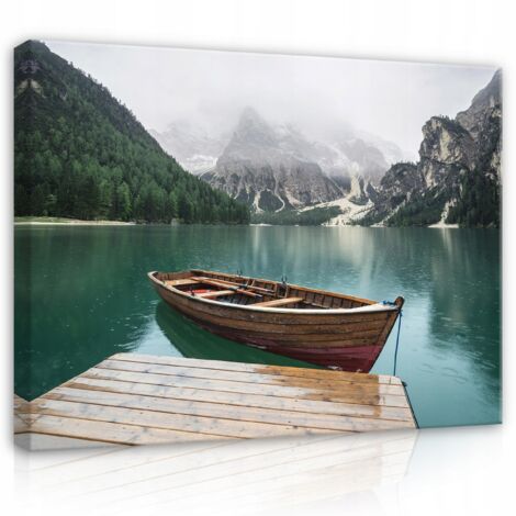 Peinture bateau lac montagne sur toile Murale 100x70