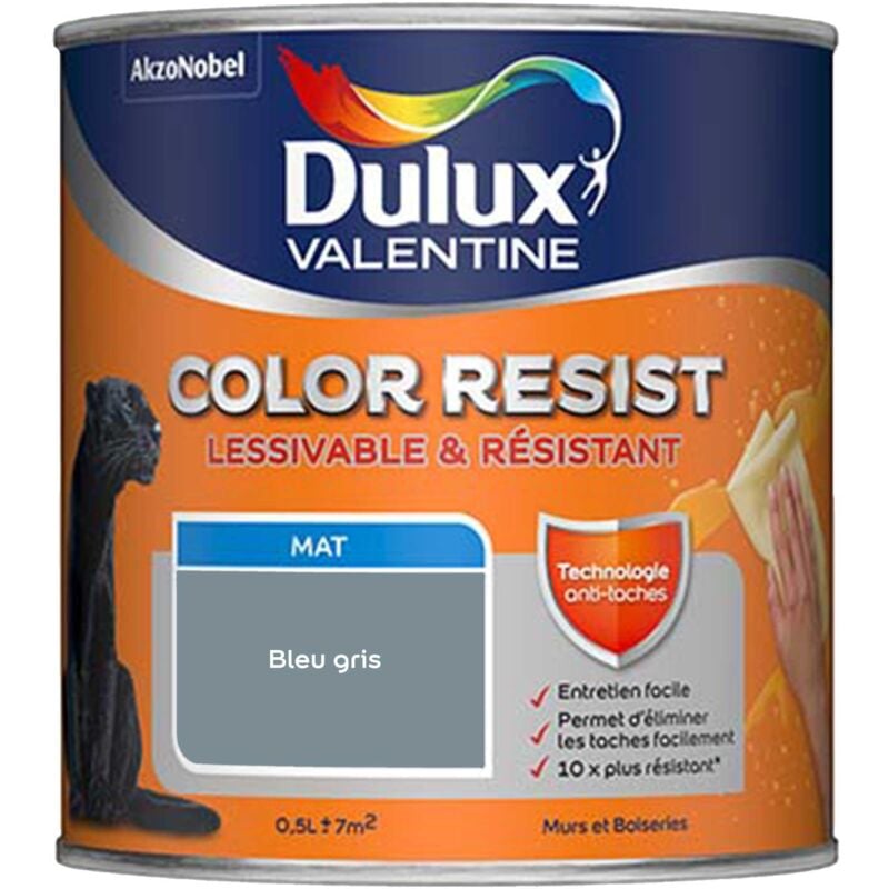 Peinture bicouche intérieure Color Resist Murs et Boiseries Mat Bleu Gris 0,5 l Dulux Valentine