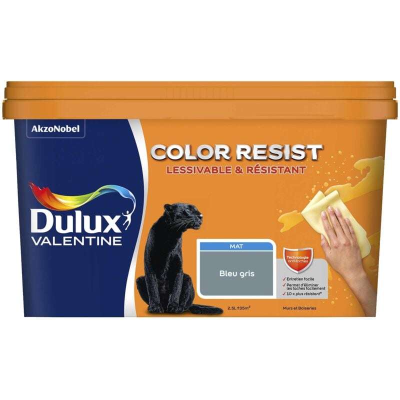Peinture bicouche intérieure Color Resist Murs et Boiseries Mat Bleu Gris 2,5L Dulux Valentine