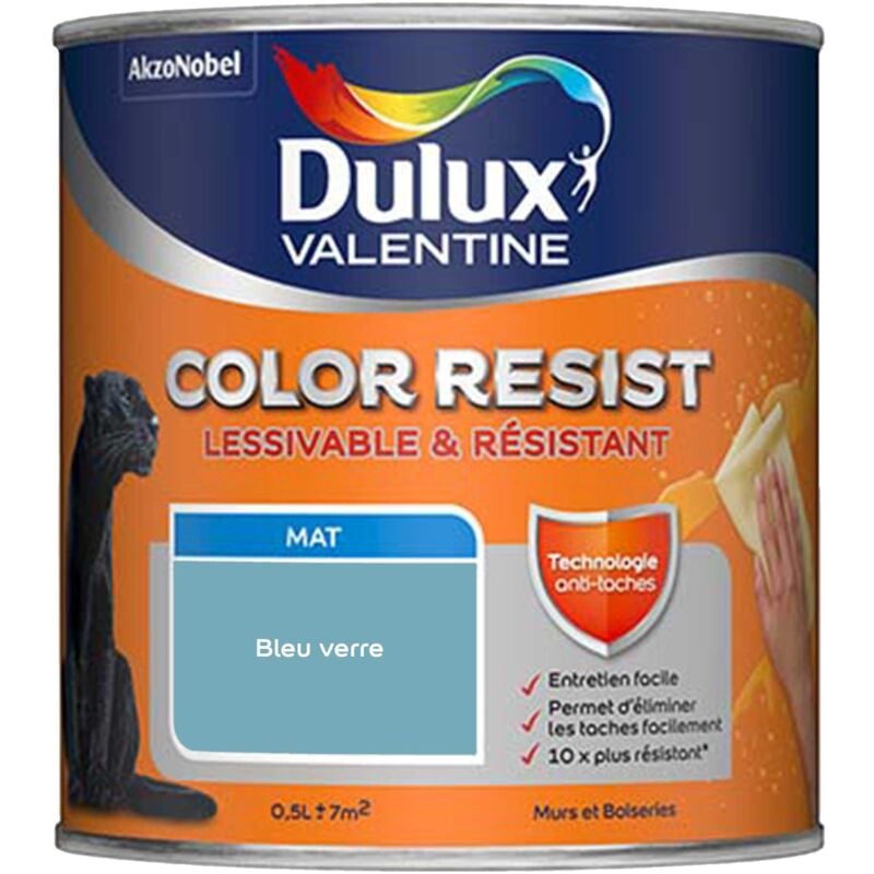 Peinture bicouche intérieure Color Resist Murs et Boiseries Mat Bleu verre 0,5 l Dulux Valentine