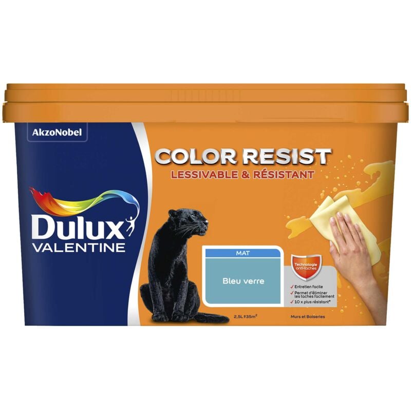 Peinture bicouche intérieure Color Resist Murs et Boiseries Mat Bleu Verre 2,5L Dulux Valentine