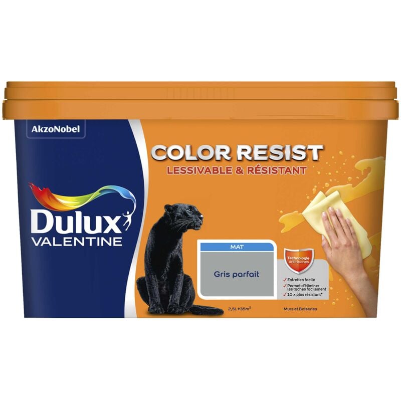 Peinture bicouche intérieure Color Resist Murs et Boiseries Mat Gris Parfait 2,5L Dulux Valentine