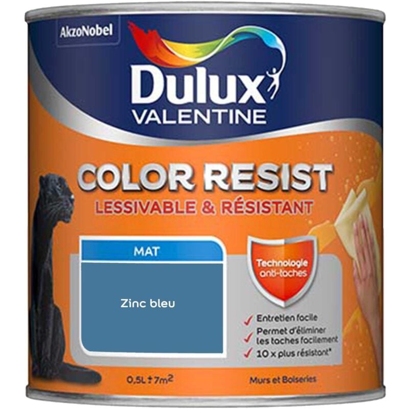 Peinture bicouche intérieure Color Resist Murs et Boiseries Mat Zinc Bleu 0,5 l Dulux Valentine