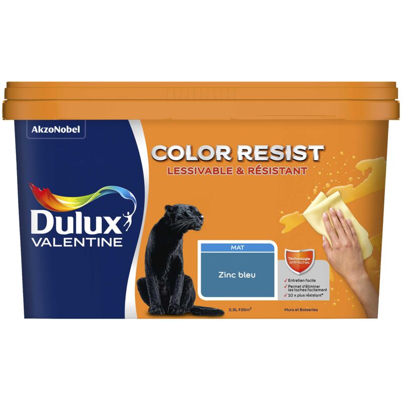Peinture bicouche intérieure Color Resist Murs et Boiseries Mat Zinc Bleu 2,5L Dulux Valentine
