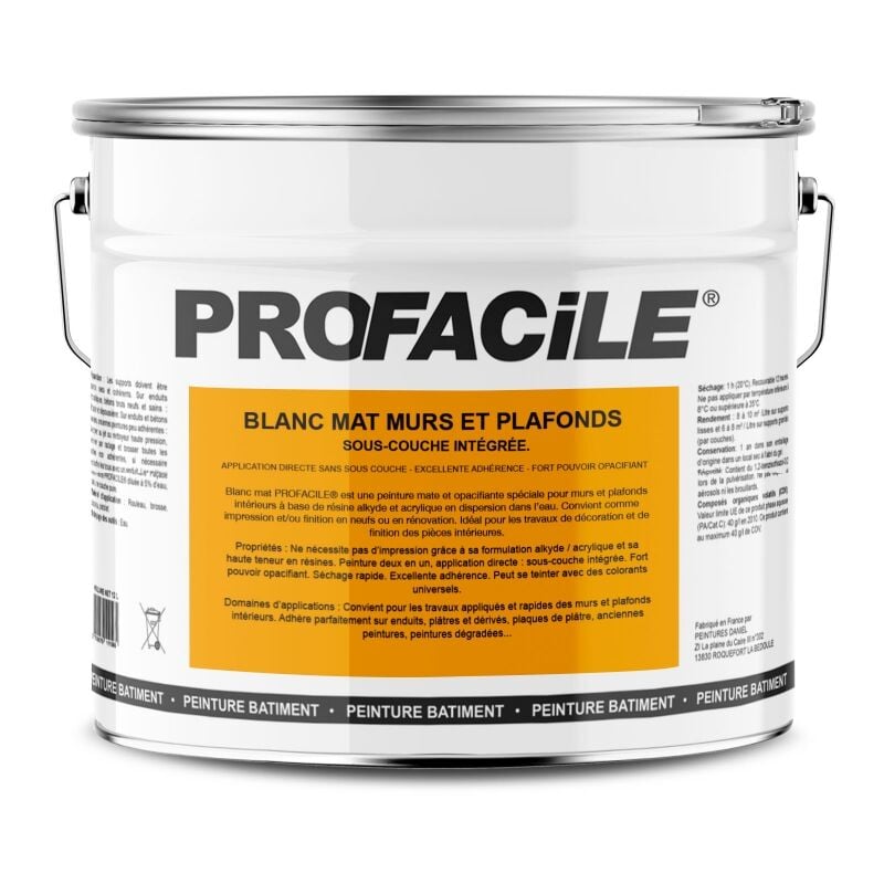 Peinture blanc mat intérieur murs et plafonds, sans odeur, 2 en 1, sous-couche intégrée Profacile ffffff 10 litres