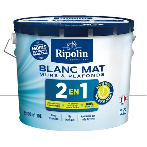 Peinture Blanc Mat pour Murs et Plafonds avec Sous-Couche Intégrée - 10L - Ripolin