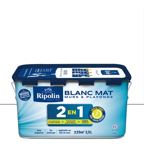 Peinture Blanc Mat pour Murs et Plafonds avec Sous-Couche Intégrée - 2,5L - Ripolin