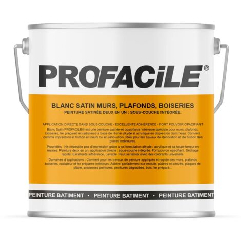 Peinture blanc satin intérieur murs, plafonds, boiseries, radiateurs, sans odeur, 2 en 1, sous-couche intégrée, PROFACILE ffffff 2.5 litres