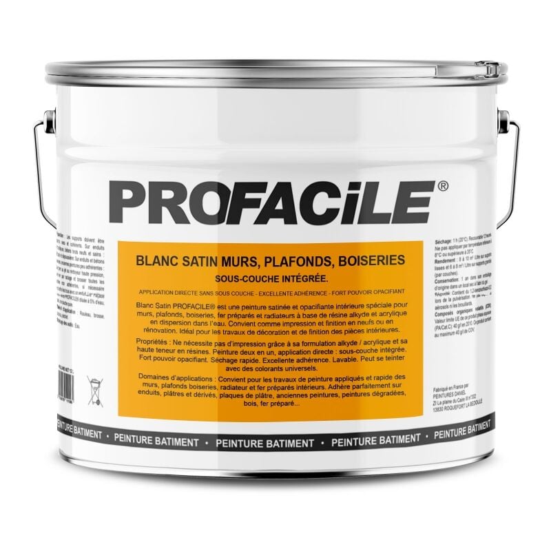 Peinture blanc satin intérieur murs, plafonds, boiseries, radiateurs, sans odeur, 2 en 1, sous-couche intégrée Profacile ffffff 10 litres
