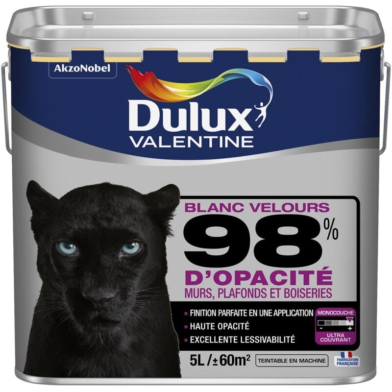 Peinture Blanche 98% Monocouche - Velours 5L - pour Murs Boiseries et Plafonds Dulux Valentine
