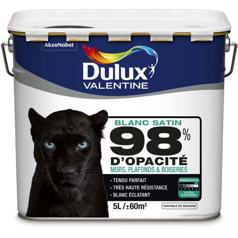 Peinture Blanche 98% Monocouche - Satin 5L - pour Murs Boiseries et Plafonds Dulux Valentine