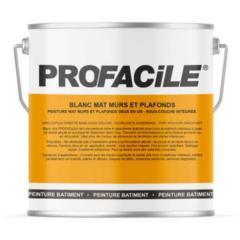 Peinture blanche mate intérieure 2 en 1 – Sous-couche intégrée – Séchage rapide 30 min – Pour murs et plafonds – 2.5 litres