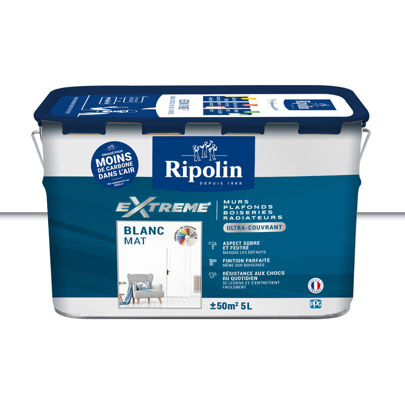 Peinture Blanc Mat monocouche pour Murs, Plafonds, Boiseries et Radiateurs - 5L Ripolin