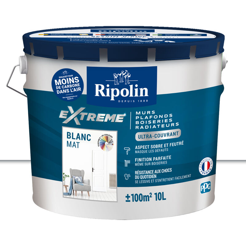 Peinture Blanc Mat monocouche pour Murs, Plafonds, Boiseries et Radiateurs - 10L Ripolin