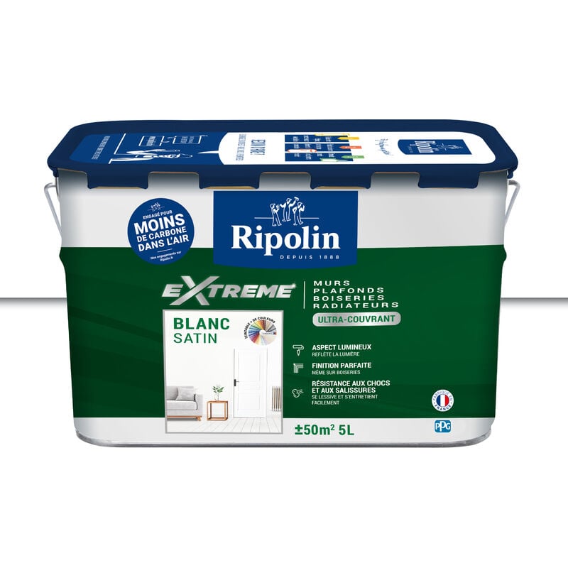 Peinture Blanc Satin monocouche pour Murs, Plafonds, Boiseries et Radiateurs - 5L - Ripolin