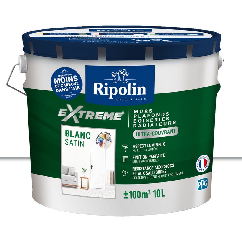 Peinture Blanc Satin monocouche pour Murs, Plafonds, Boiseries et Radiateurs - 10L - Ripolin