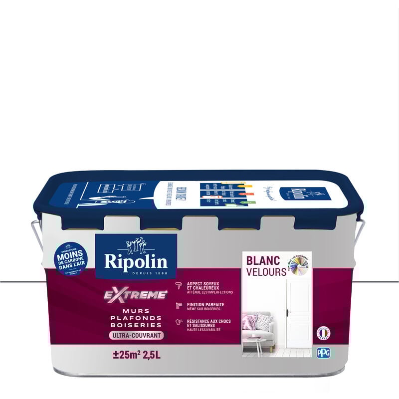Peinture Blanc Velours monocouche pour Murs, Plafonds, Boiseries et Radiateurs - 2,5L Ripolin