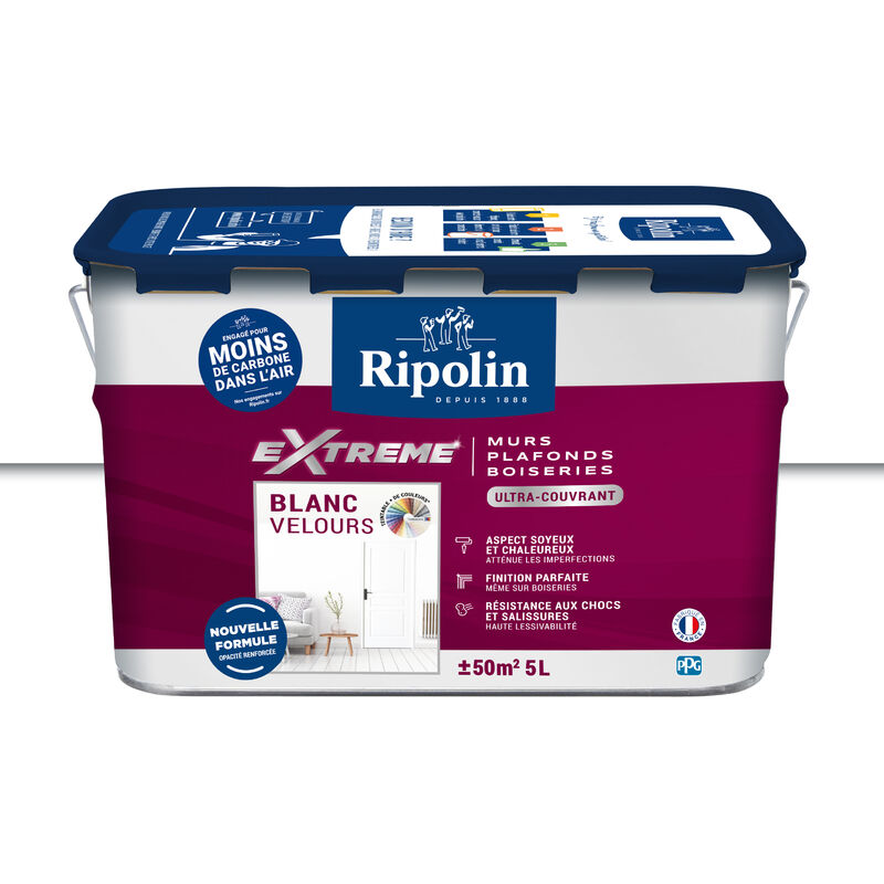 Peinture Blanc Velours monocouche pour Murs, Plafonds, Boiseries et Radiateurs - 5L Ripolin