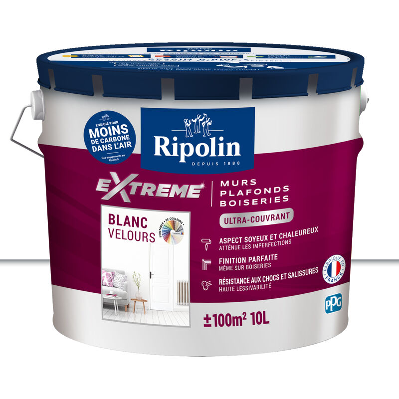 Peinture Blanc Velours monocouche pour Murs, Plafonds, Boiseries et Radiateurs - 10L Ripolin