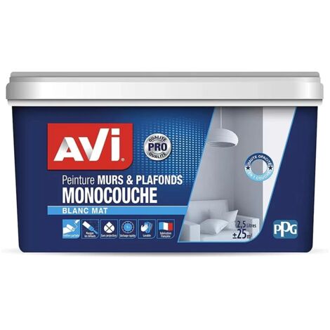 Peinture blanche mur et plafond 2,5 L – Monocouche blanc mat – Haut pouvoir opacifiant – Pour pièces lumineuses – AVI