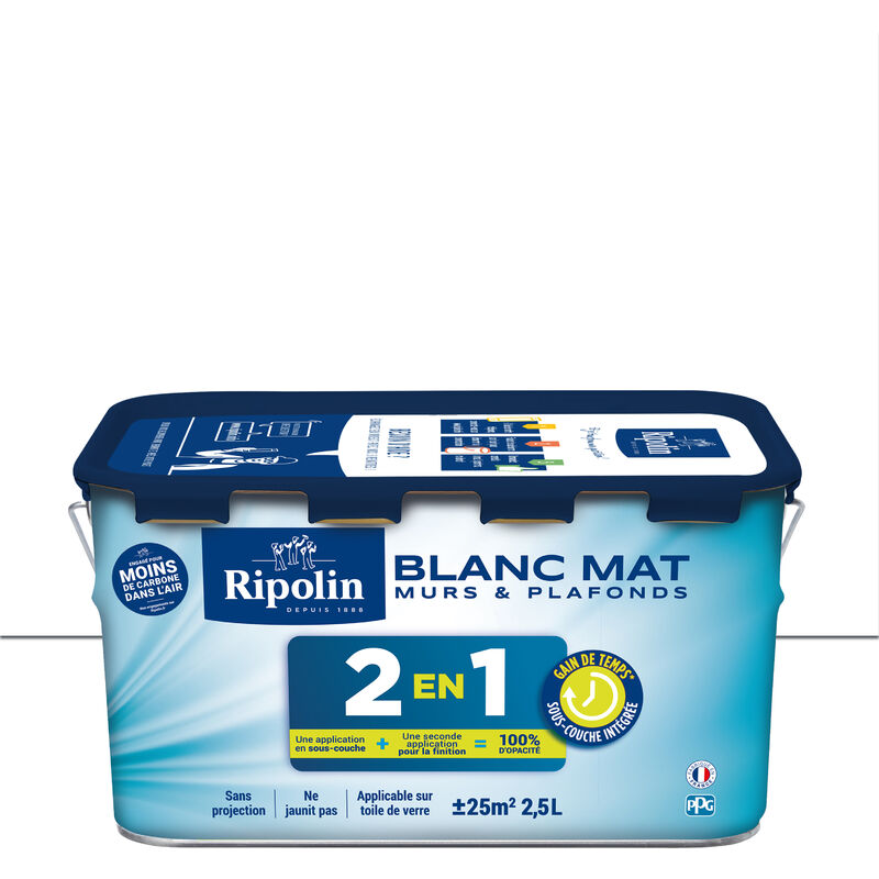 Peinture Blanc Mat pour Murs et Plafonds avec Sous-Couche Intégrée - 2,5L Ripolin