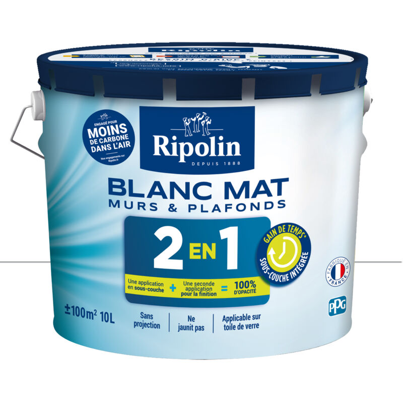 Peinture Blanc Mat pour Murs et Plafonds avec Sous-Couche Intégrée - 10L Ripolin