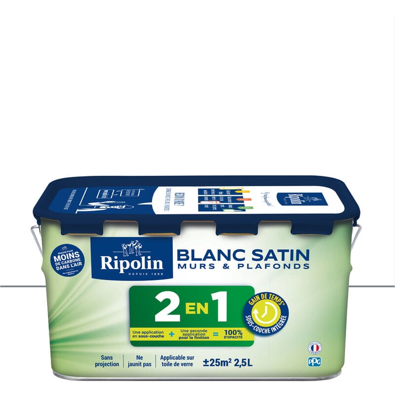 Peinture Blanc Satin pour Murs et Plafonds avec Sous-Couche Intégrée - 2,5L Ripolin