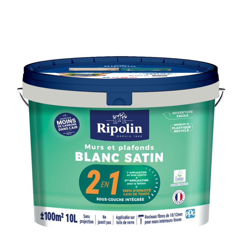 Peinture Blanc Satin pour Murs et Plafonds avec Sous-Couche Intégrée - 10L Ripolin