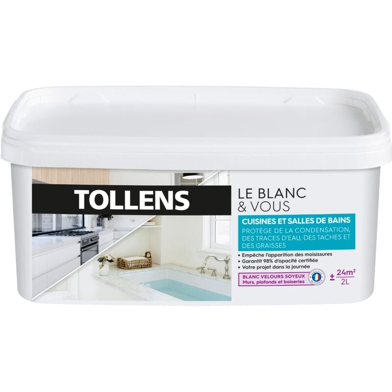 Peinture Blanche Cuisines et Salles de Bains Tollens Résiste à l'Humidité et aux Moisissures - Velours - Blanc 2L = 24m2