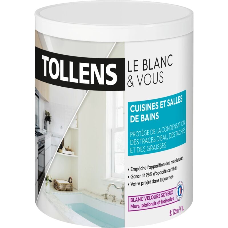 Peinture Blanche Cuisines et Salles de bains Tollens Résiste à l'Humidité et aux Moisissures - Velours - Blanc 1L = 12m2