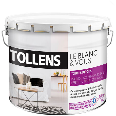 Peinture Blanche Velours - Toutes Pièces - TOLLENS - Pour Murs, Plafonds et Boiseries - Lessivable - 10L = 120m2