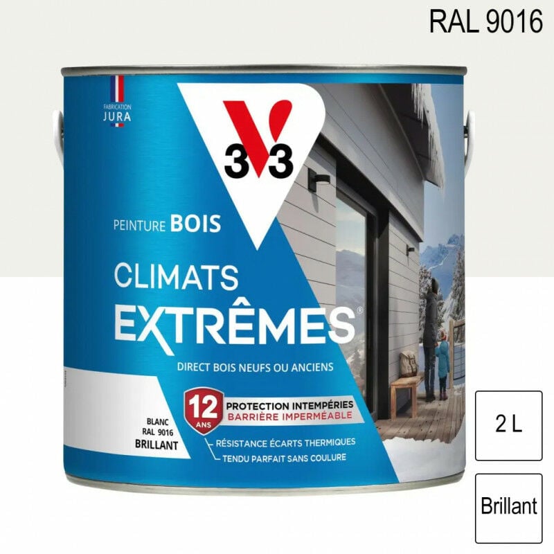 Peinture bois extérieur Climats Extrêmes ral 9016 Blanc brillant 2L V33