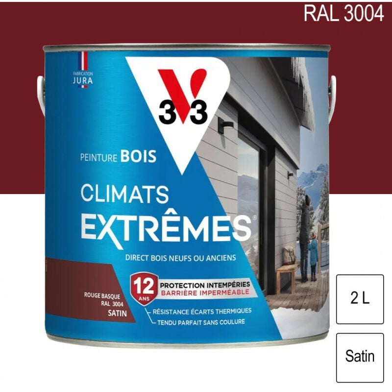 V33 - Peinture bois extérieur Climats Extrêmes ral 3004 Rouge basque satin 2L