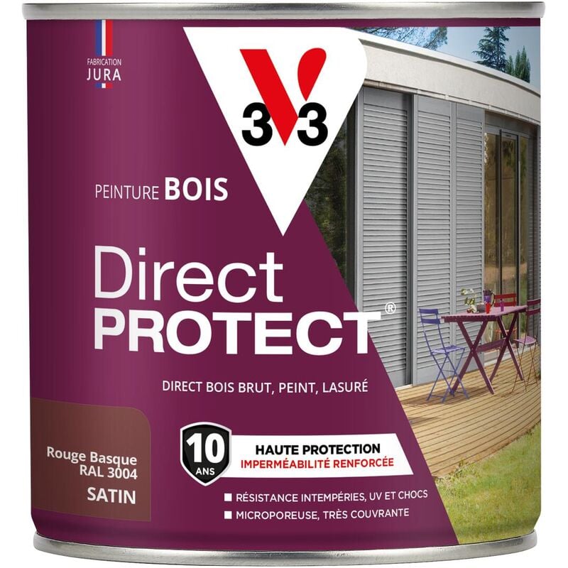 Peinture bois extérieur Direct Protect® V33 Rouge basque Satin 0,5L