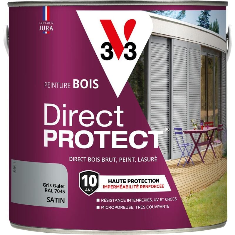 Peinture bois extérieur Direct Protect® V33 Gris galet Satin 2L