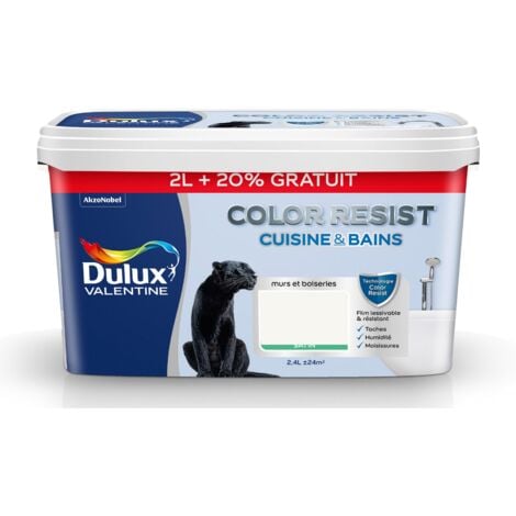 AKZO NOBEL Peinture Color Resist Cuisine & Bains Satin Blanc 2 L + 20 % Gratuit - Dulux Valentine