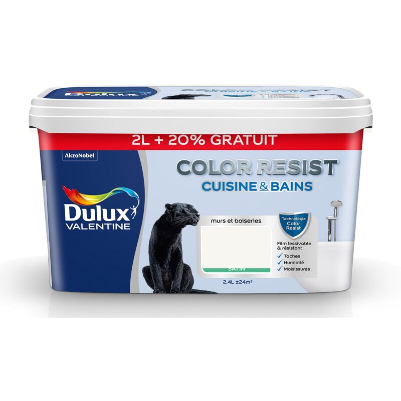 Peinture Color Resist Cuisine & Bains Satin Blanc 2 l + 20 % Gratuit Dulux Valentine