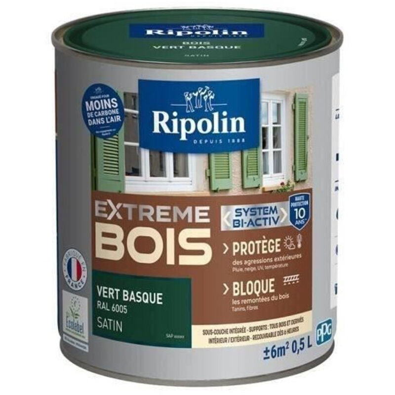 RIPOLIN Peinture Bois Satin Haute Protection 10 ans qui Prot&egrave;ge et Magnifie vos Bois - Vert basque 