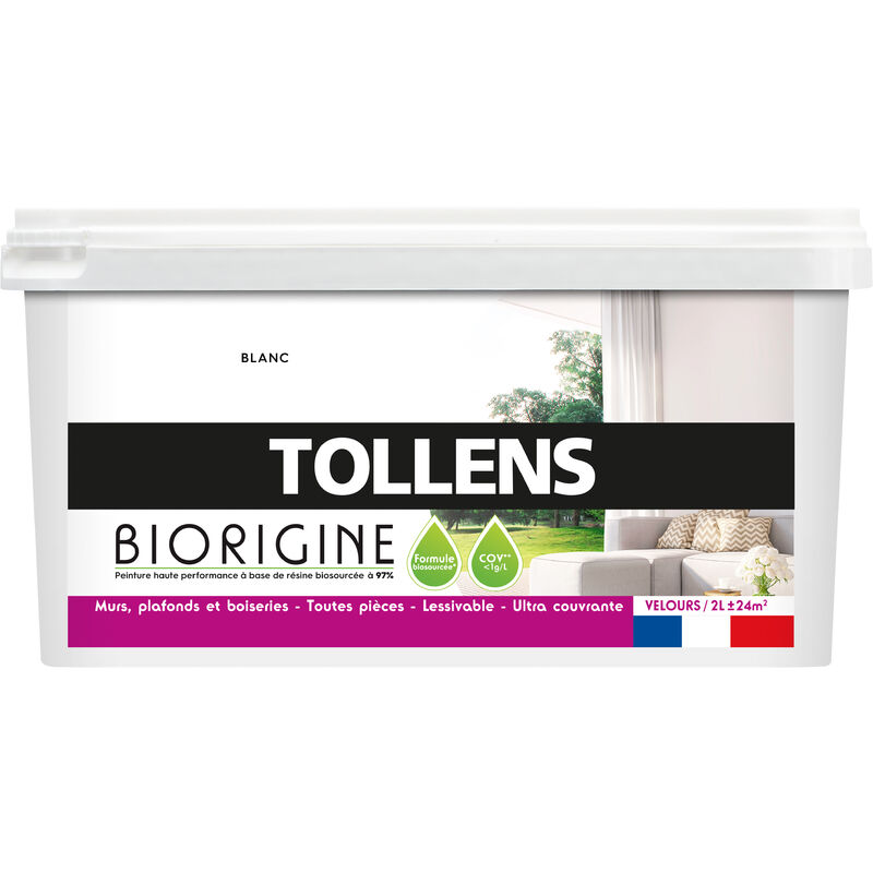 Peinture Blanche Haute Performance à Base de Résine Biosourcée Tollens Pour Murs, Plafonds, Boiseries - Blanc - 2L = 24m2