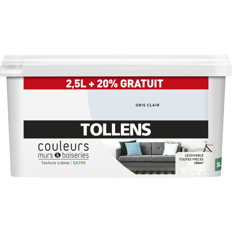 Peinture Couleurs - Ultra résistante Tollens Satin - Gris Clair - 2,5L+20%