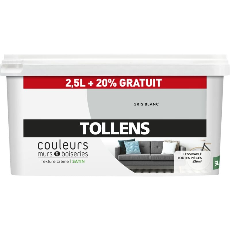Peinture Couleurs - Ultra résistante Tollens Satin - Gris Blanc - 2,5L+20%