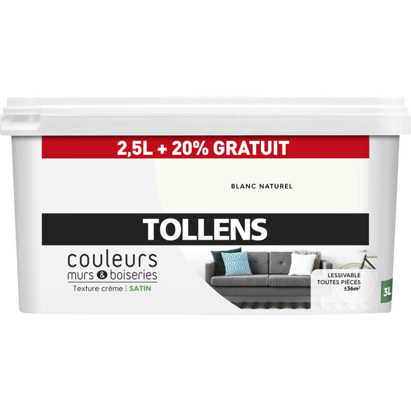 Peinture Couleurs - Ultra résistante - TOLLENS - Satin - Blanc Naturel - 2,5L+20%