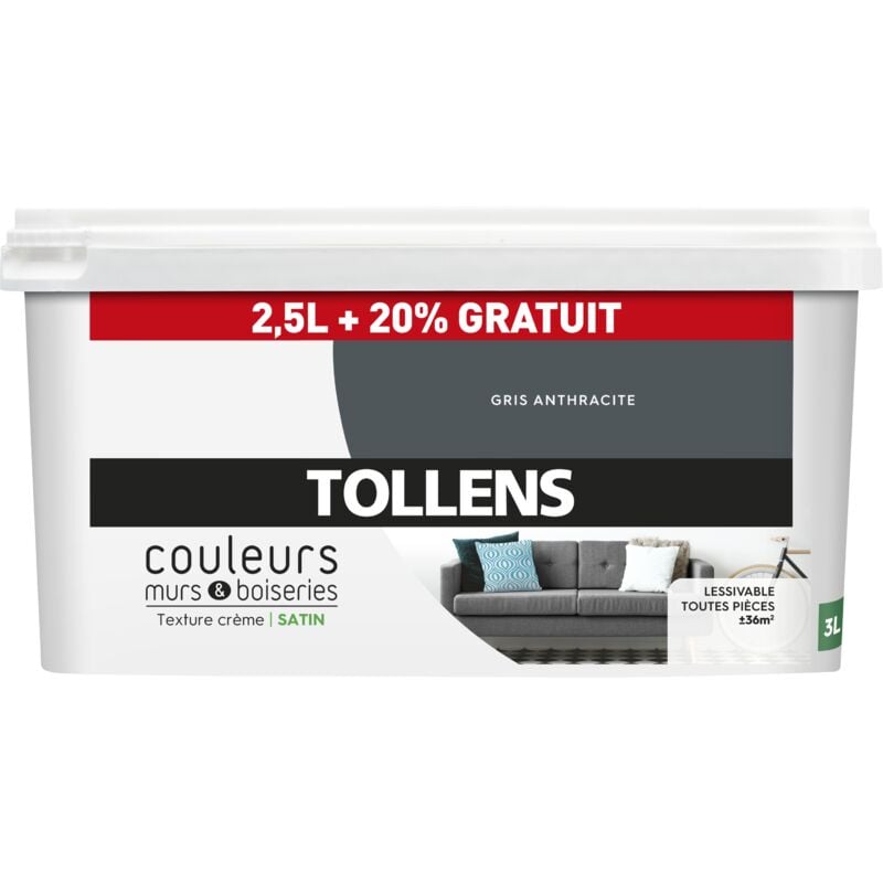 Peinture Couleurs - Ultra résistante Tollens Satin - Anthracite - 2,5L+20%