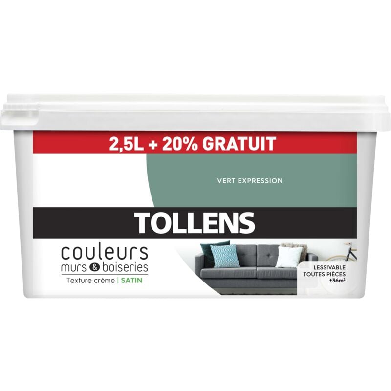 Peinture Couleurs - Ultra résistante Tollens Satin - Vert Expre - 2,5L+20%