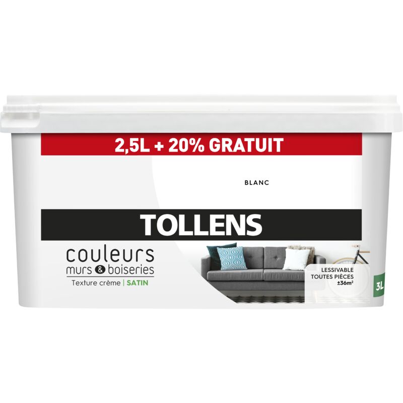 Peinture Couleurs - Ultra résistante Tollens Satin - Blanc - 2,5L+20%