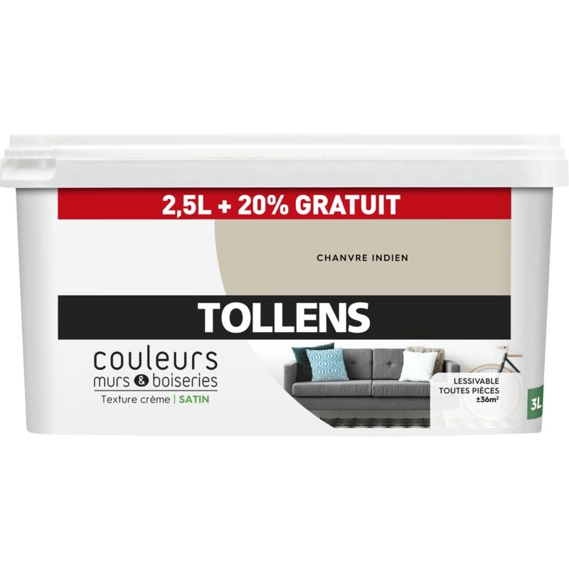 Peinture Couleurs - Ultra résistante - TOLLENS - Satin - Chanvre - 2,5L+20%