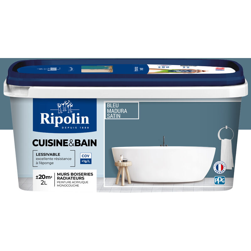 Peinture Murale spéciale Cuisine et Bain - Satin - 2L - Bleu Madura Ripolin