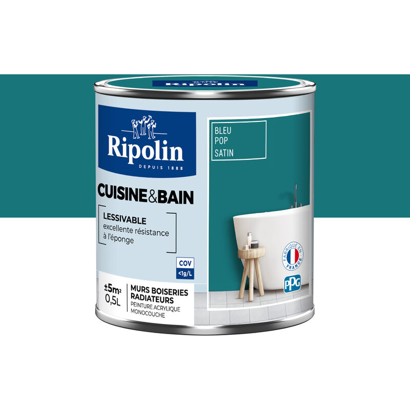 Peinture Murale spéciale Cuisine et Bain - Satin - 0,5L - Bleu Pop Ripolin