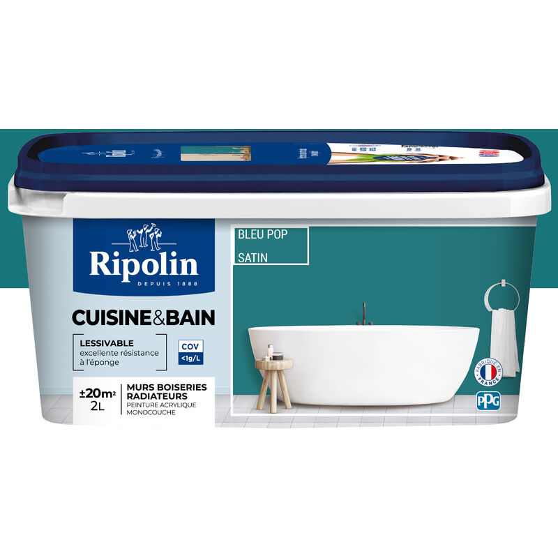 Peinture Murale spéciale Cuisine et Bain - Satin - 2L - Bleu Pop - Ripolin